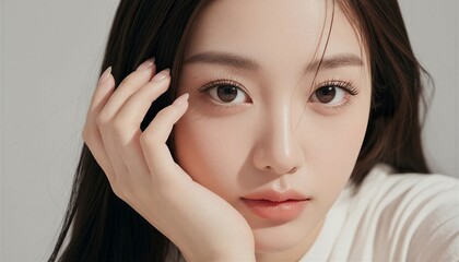 白背景で頬に手を当てて見つめる女性