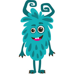 Teal Furred Monster With Curly Horns And Big Eyes Smiling And Showing Pink Tongue On White Background