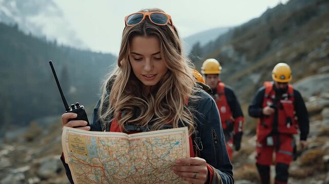 Determined Woman Navigating Mountain Terrain with Map and Walkie-Talkie, Accompanied by Rescue Team on Outdoor Expedition