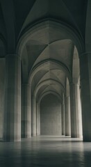 Obraz premium Symmetrical stone hall features soaring vaulted ceilings and imposing architectural columns receding into darkness