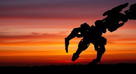 Fototapeta premium Silhouette of a mechanical combat unit striking a dynamic pose against a vibrant sunset