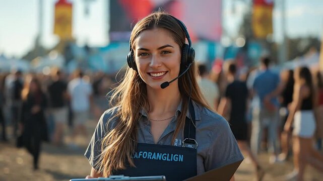Friendly Event Organizer with Headset and Clipboard Smiling Amidst Lively Outdoor Festival Crowd