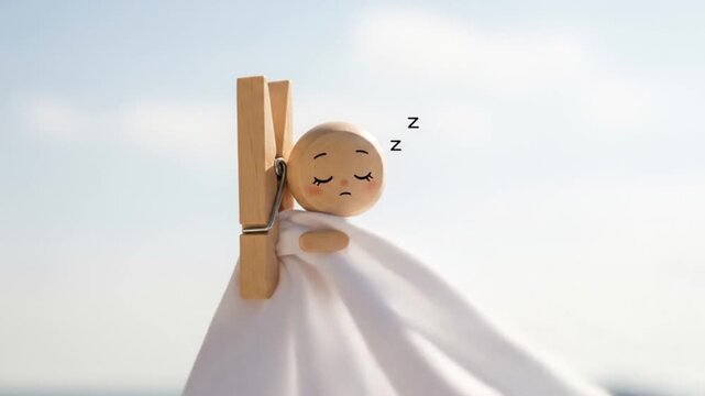 Wooden Doll Sleeping in a Clothespin Bed with Zzz's on a Sunny Day