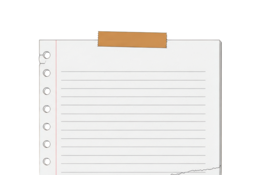 Lined notebook paper with punched holes and tape isolated on transparent background