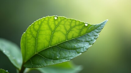 Close up of a vibrant green leaf with water droplets clinging to its surface in a natural setting