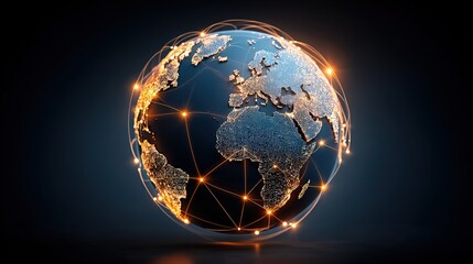 Glowing Digital World Map with Connecting Lines and Nodes