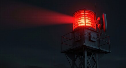Illuminated red signal lantern casts a bright beam against dark night sky