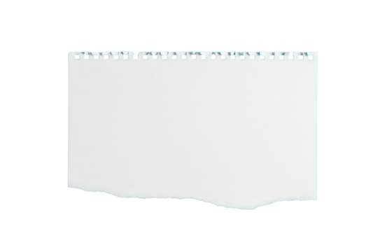 A torn blank sheet of paper with spiral binding holes on the top edge, isolated on transparent background