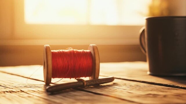 Wooden Spool of Red Thread on Rustic Wooden Table
