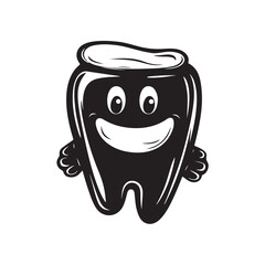 Black and white sketch of molar tooth icon with smiling face, cute hand drawn line style illustration featuring human teeth with cheerful expression