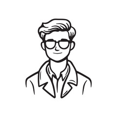 Black and white half body sketch of a handsome man wearing an open suit and glasses, an elegant hand drawn line style illustration featuring a modern man
