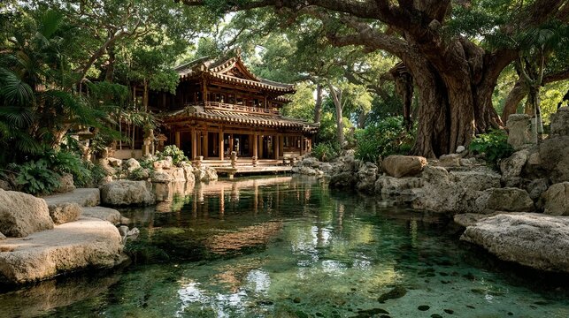 Traditional building near water surrounded by trees and rocks in a lush environment.