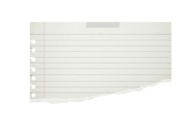 Torn aged lined paper with holes and tape isolated on transparent background