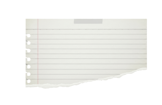 Torn aged lined paper with holes and tape isolated on transparent background