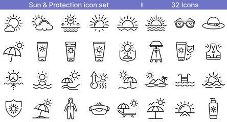 Sun Protection Icon Set for Skin Care, Safety, and Outdoors