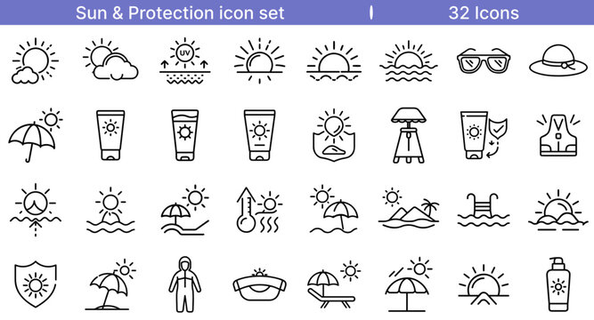 Sun Protection Icon Set for Skin Care, Safety, and Outdoors
