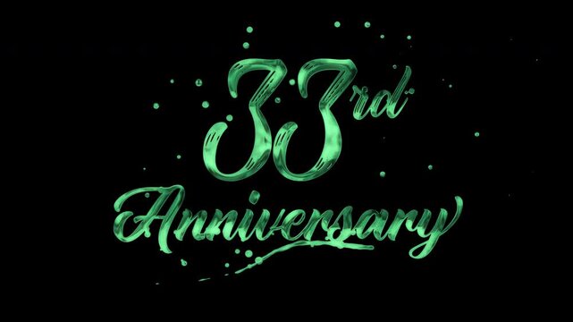33rd anniversary text animation in green metallic effect. suitable for celebrating special occasions, invitations, anniversary cards and social media. Includes alpha channel for any background.