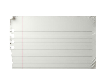 A torn sheet of lined paper with punched holes isolated on transparent background