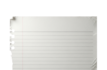 A torn sheet of lined paper with punched holes isolated on transparent background