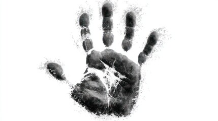 A grayscale handprint on a white background representing touch, human contact, and impression