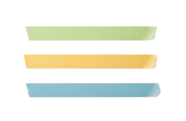Three strips of colorful washi tape in green, yellow, and blue, isolated on transparent background