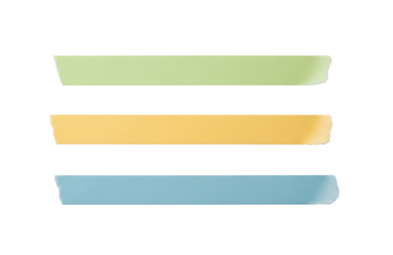 Three strips of colorful washi tape in green, yellow, and blue, isolated on transparent background