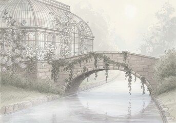 Charming stone bridge over a tranquil canal with a historic building in the background