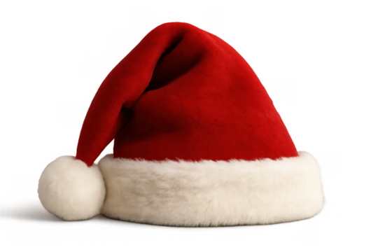 Santa claus red hat with white fur trim and pom-pom, representing christmas holidays and festive season, transparent background