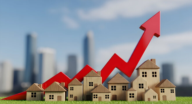 Real Estate Market Growth: Houses with Upward Trend Arrow, Rising Property Values & Urban Development