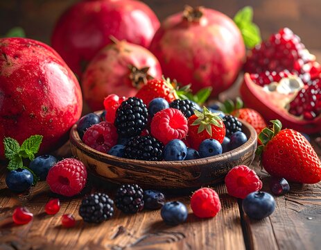 An artistic composition of fresh, antioxidant-rich fruits—blueberries, raspberries, blackberries, strawberries, and pomegranates—arranged on a rustic brown wooden table, with soft natural light. - Powered by Adobe
