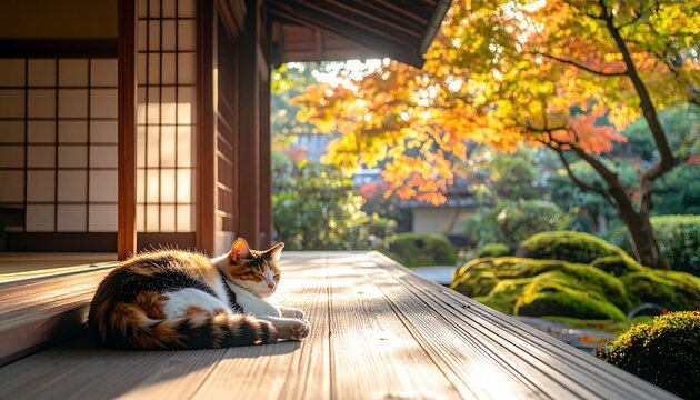 Cat Sleeping on Traditional Japanese Porch