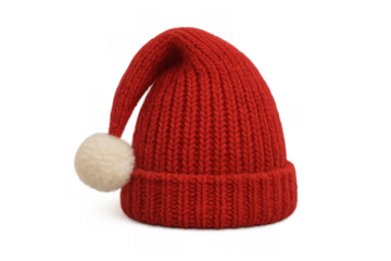 Red knitted christmas hat with white pom-pom, representing holiday cheer and winter warmth, isolated on transparent background