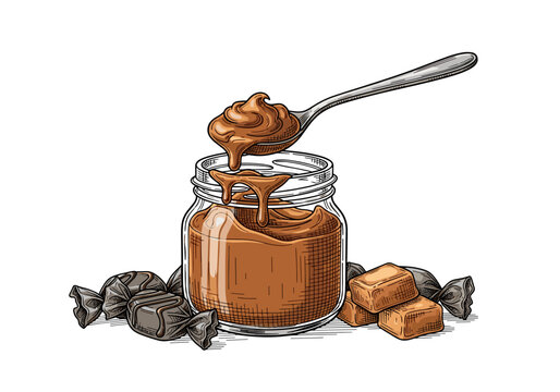 Dulce de leche jar vector illustration with spoon and caramel candies for confectionery packaging and dessert design