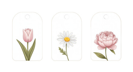 Fototapeta premium Floral gift tags featuring tulip, daisy, and peony designs 