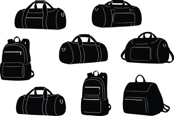 Silhouette collection of duffle bags and backpacks, modern travel and gym bag vector illustration set for fashion, luggage, and accessories design