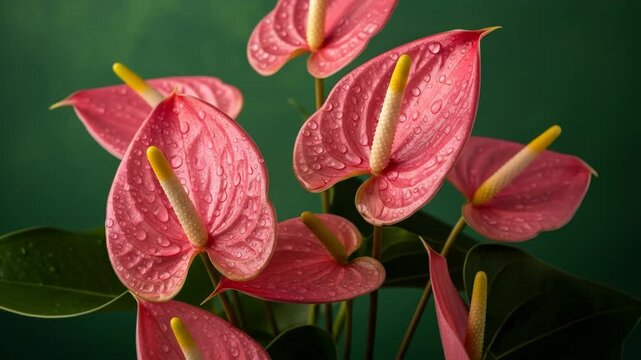 Close-up of pink anthurium flowers with yellow spadix and water drops against a green backdrop