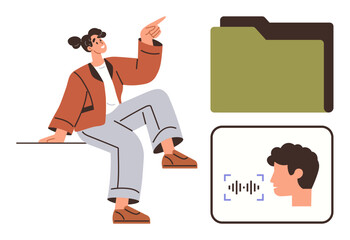 Woman sitting and pointing upward beside voice recognition profile with sound wave and document folder graphics. Ideal for identification, technology, communication, organization, data storage