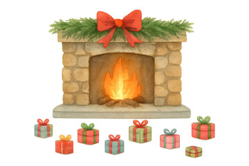 Christmas fireplace with burning fire and holiday gifts, watercolor style festive decoration, cozy winter season