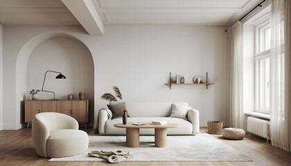 Fototapeta premium Minimalist Japandi Living Room Interior with Soft Natural Light and Neutral Tones
