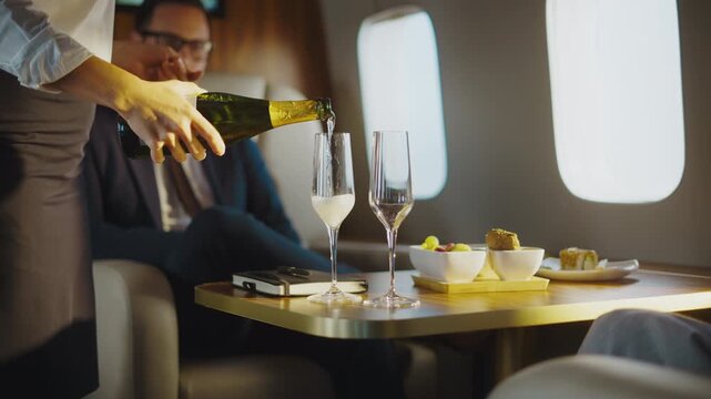 Professional flight attendant serving champagne to a successful businessman traveling first class on a private jet, celebrating success with snacks and drinks during a luxurious business trip