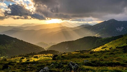 Sunbeams Breaking Through Dramatic Clouds Over Rolling Green Mountain Ridges During Golden Hour With Lush Foreground Grass And Rocks