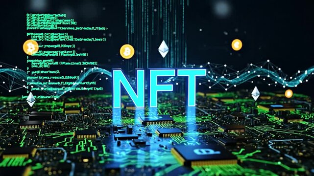 Futuristic glowing NFT text over digital circuit board animation technology - Powered by Adobe