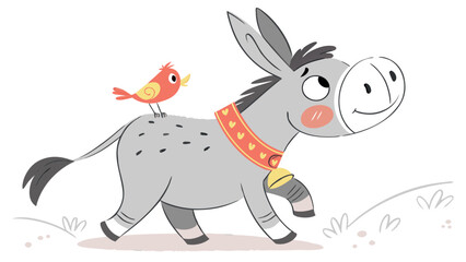 Obraz premium Cute Cartoon Donkey Walking with a Little Red Bird | Cheerful Farm Animal Illustration