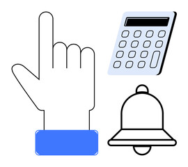 Hand pointing upward, digital calculator, and bell. Ideal for finance, alerts, interaction, notifications, productivity reminders and functionality themes. Simple flat metaphor