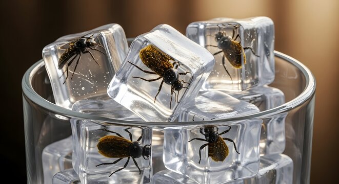 Frozen Insects Encased in Ice Cubes Suspended in Glass Displaying Entomology Science Study Preserved Specimens Macro Photography Artistic Composition Educational Presentation