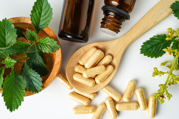 Medicine herbal organic capsule vitamin E omega 3 fish oil drug herbs leaf natural supplements