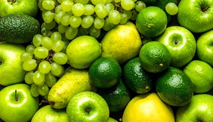 Vibrant green fruits flat lay background. Fresh organic assortment of apples, grapes, pears, limes, and avocados for healthy diet and detox concepts.