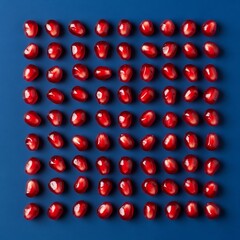 Vibrant Pomegranate Seeds Arranged Uniformly on Blue Background
