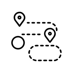 Route map, journey icons in a black and white graphic design style. The image portrays a travel route, with a location marker and dotted lines showing the path