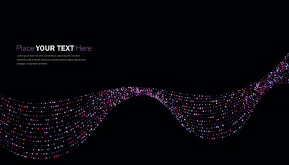 Abstract wavy line of pink and purple dots on black background 